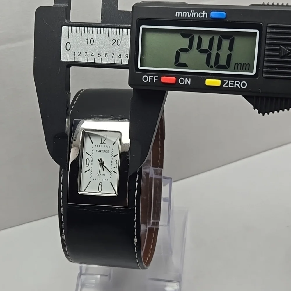 Womens Vintage Carriage Timex Black Leather Cuff Watch New Battery Silver Rare - Picture 4 of 11